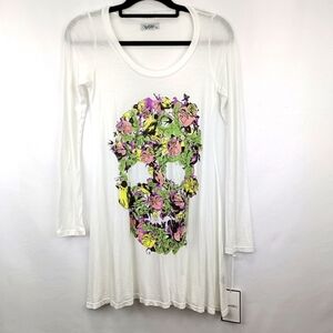 Lauren Moshi A-Line 3/4 Sleeve Blouse w/ Flower Skull Graphic Lmtd Ed. Sz. XS
